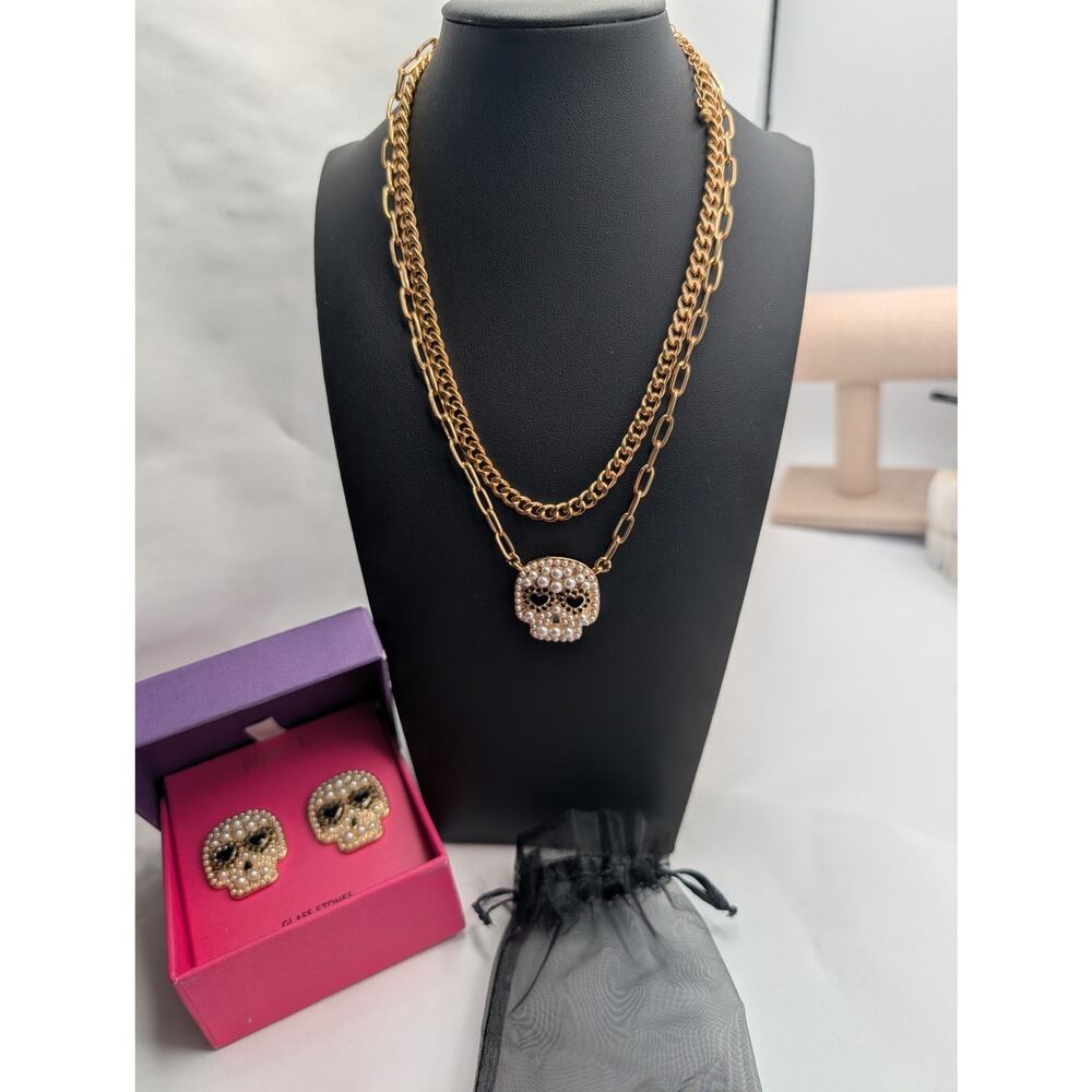Piper.k Sugar Skull Pearl Glass Stone Necklace Earring Set GoldTone Day of Dead